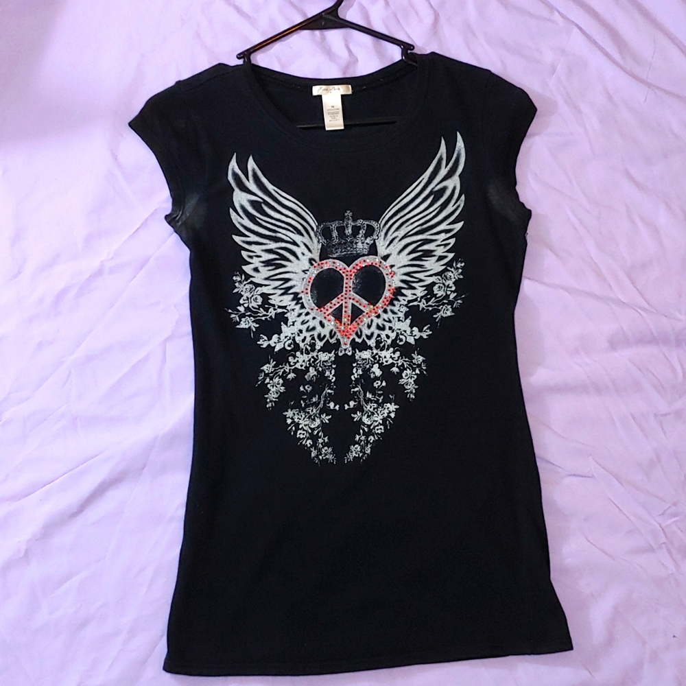 VINTAGE WINGS/HEART RHINESTONE BLACK SLEEVELESS SHIRT * SIZE M